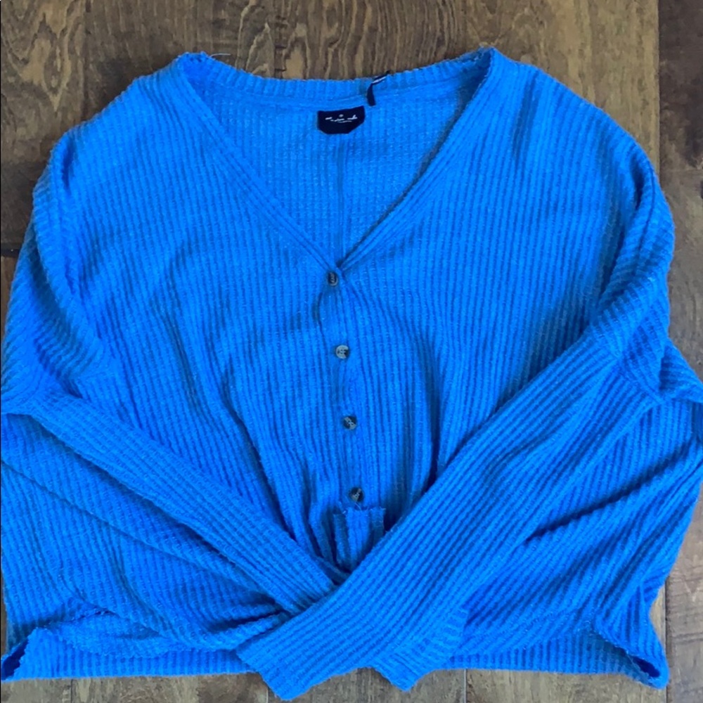 BLUE BUTTON AND TIE SWEATER